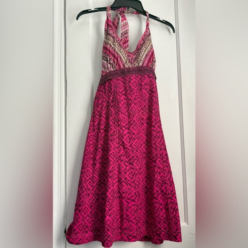 Athleta Boho Pink & Burgundy Halter V- Neck Dress Geometric Print, Sz: 4